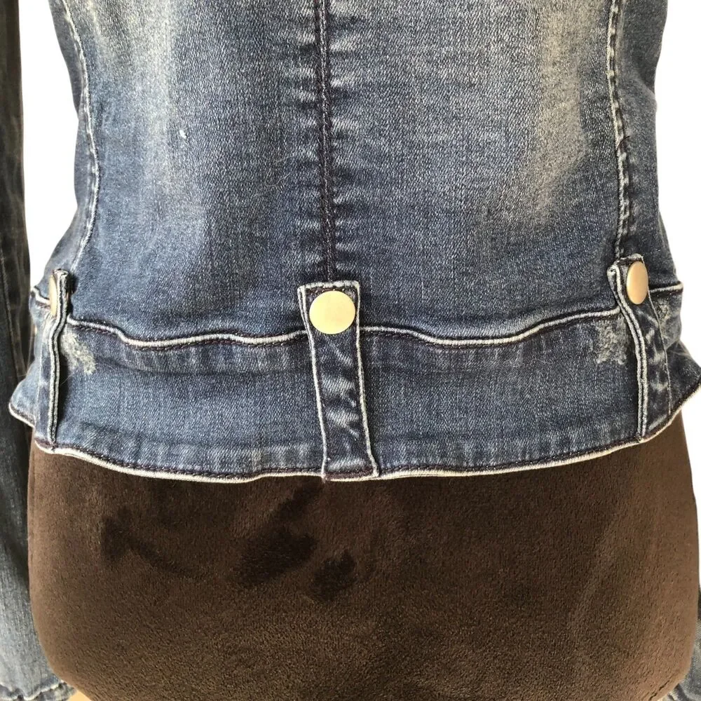 Bebe Rhinestone Embellished Stretchy Retro Y2K Denim‎ Moto Jacket Size S - Picture 10 of 14